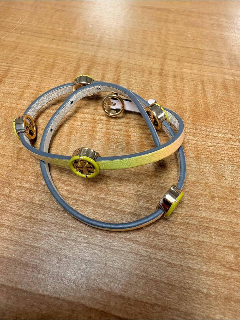 Tory Burch Yellow and Gray Double Wrap Logo Bracelet
